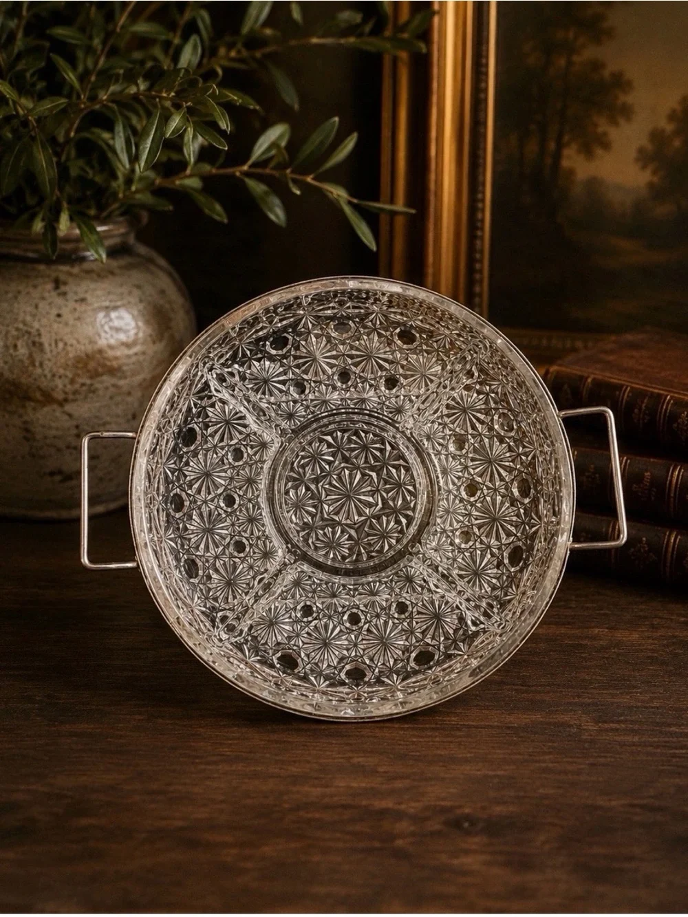 Vintage Glass Divided Relish Tray with Silver Tone Metal Caddy Starburst Pattern